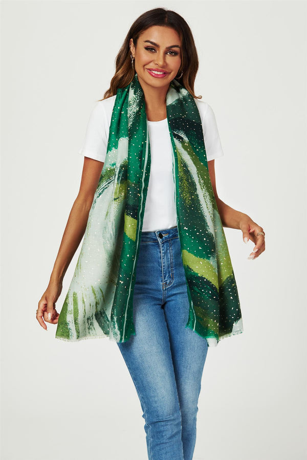 Gold Foil Abstract Brush Print Fringed edges Scarf In Green