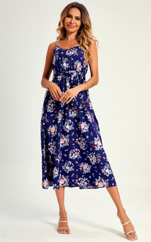Midikleid mit Trägern und Flora-Print in Blau