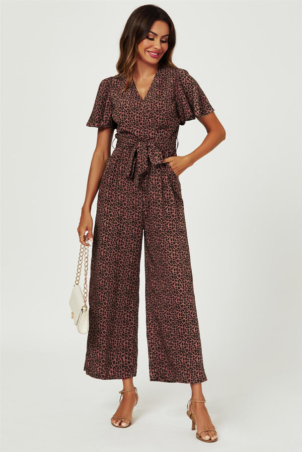 Jumpsuit mit Wickeloberteil und Leopardenmuster in Rostrot