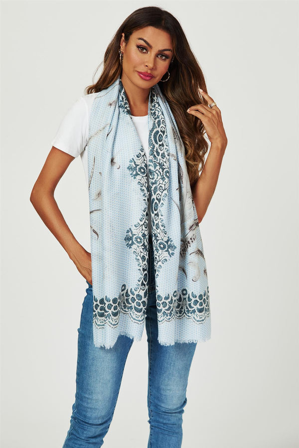 Geometric & Feather & Lace Print Scarf In Blue