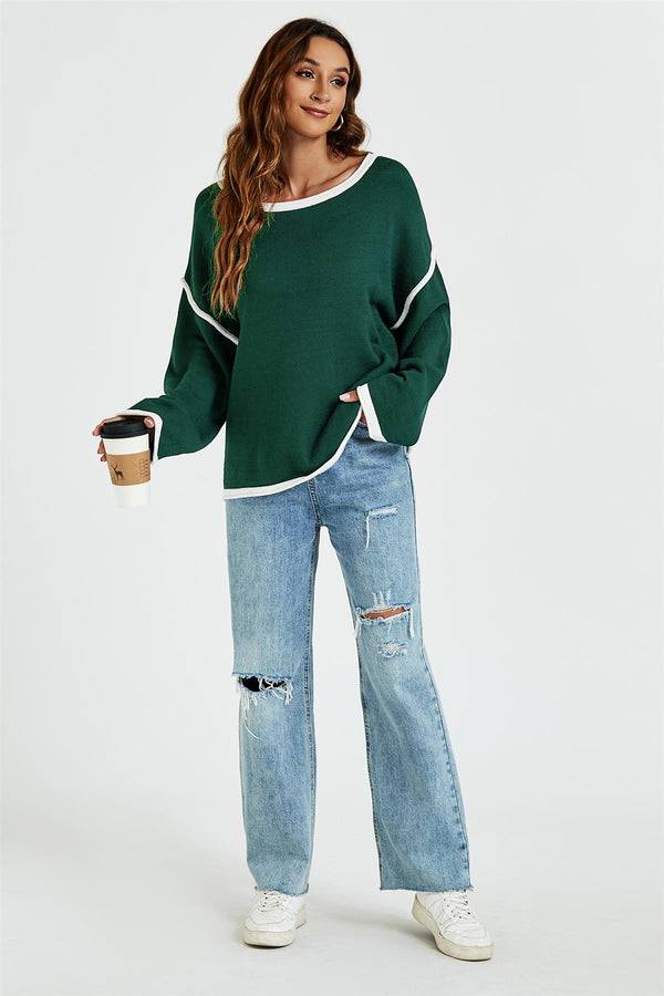 White Striped Oversized Jumper Top In Dark Green