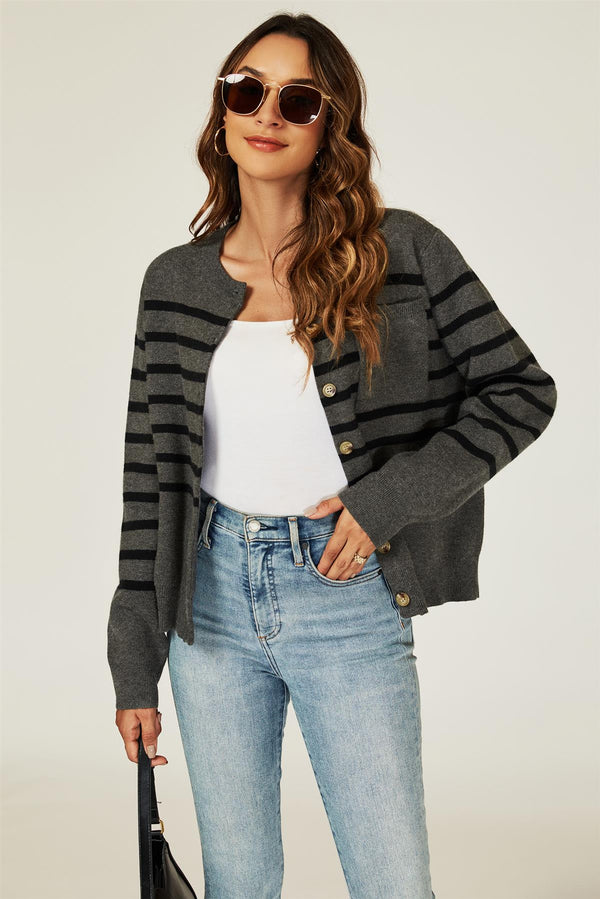 Pocket Stripe Knitted Cardigan In Dark Grey