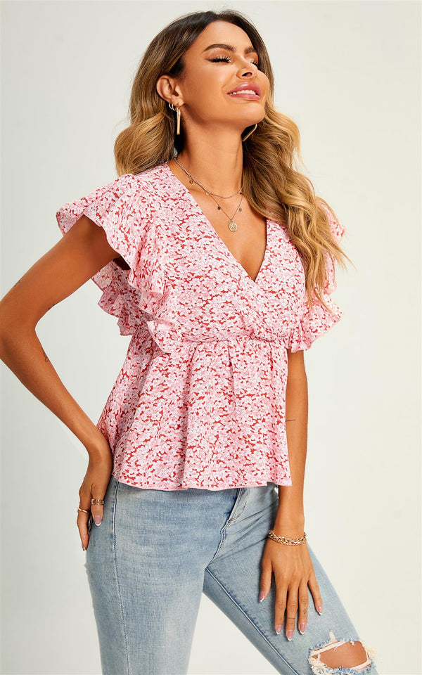 Oberteil/Bluse mit V-Ausschnitt und hoher Taille im rosafarbenen Flora-Print