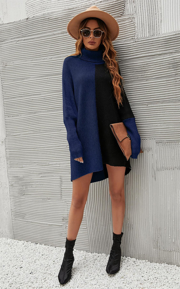Pullover-Oberteil in Blockfarben mit hohem Halsausschnitt und Halbwald-Muster in Marineblau und Schwarz