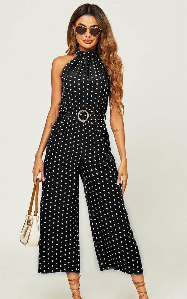 Weißer Jumpsuit mit hohem Kragen und Punkten in Schwarz