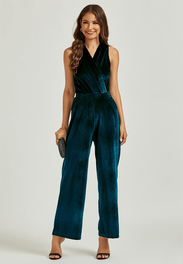 Wickel-Jumpsuit aus Samt in Blaugrün