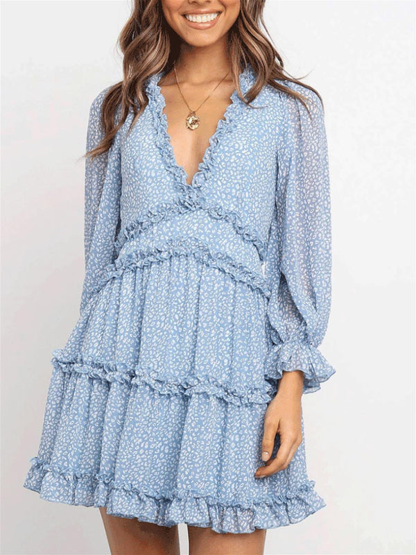 Frill & Back Detail Tiered Mini Dress In Blue Leopard Print