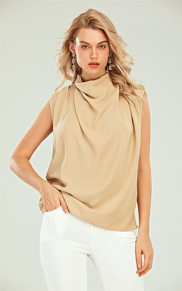 Ärmellose Bluse mit Stehkragen in Beige