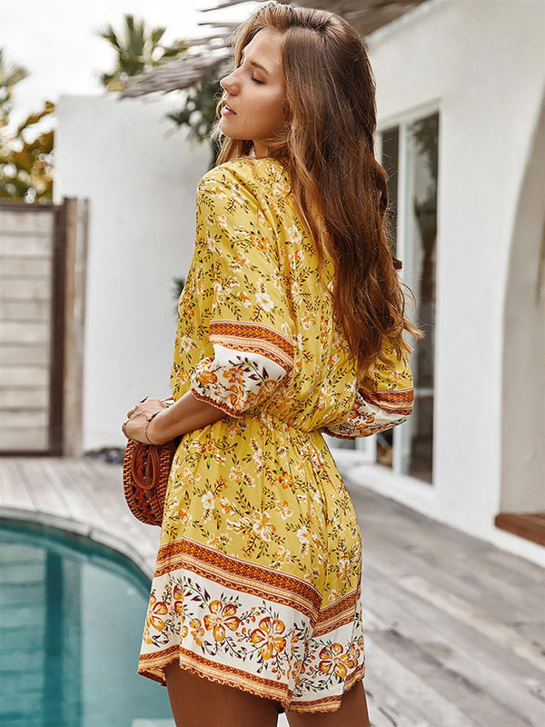 Boho Playsuit With Buttons In Yellow & Orange Floral Print