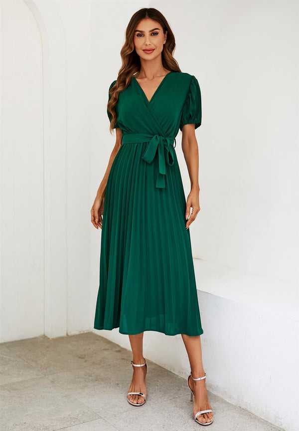 Short Sleeve Wrap Top Pleated Midi Dress In Green