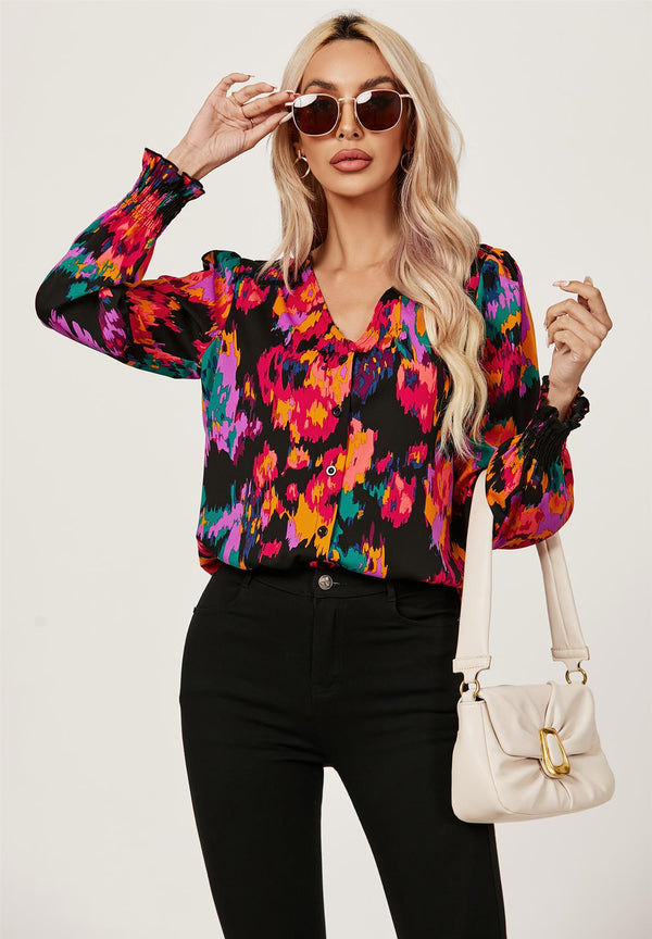 Multi Color Print Long Sleeve V Neckline Blouse Top In Black