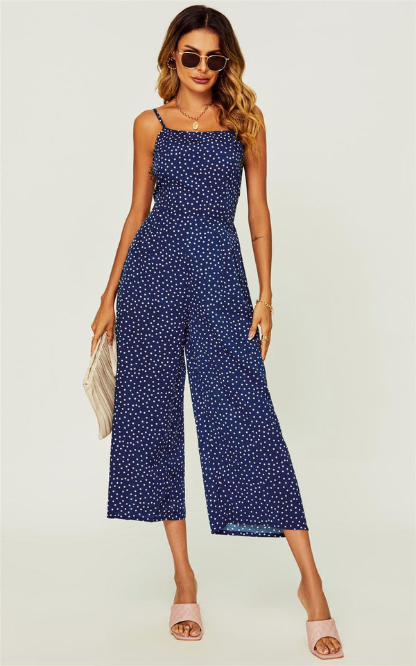 Polka Dot Tie Back Culotte Jumpsuit In Navy