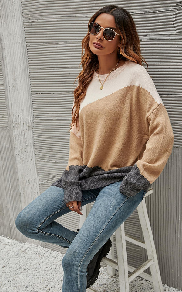 Graues & Kamelfarbenes Pullover-Oberteil in Beige