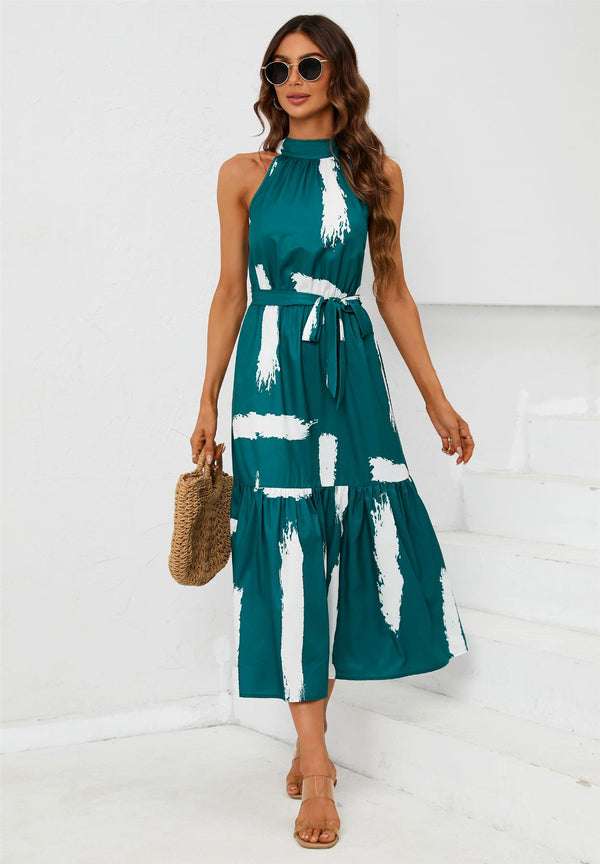 Printed Halter Neck Midi Dress In Green