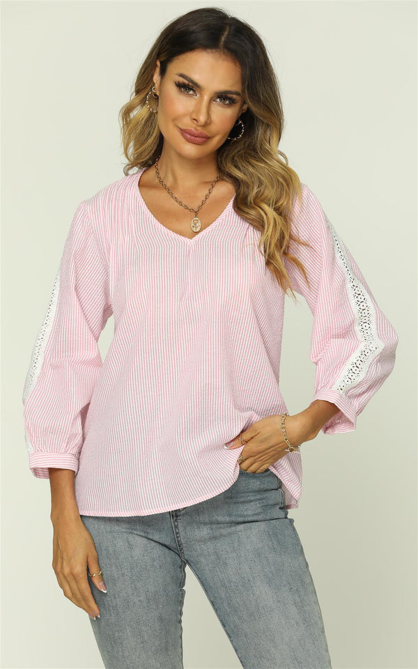 Strip Print V Neck Lace Trim Sleeve Top In Pink