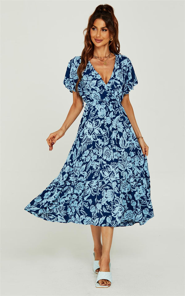 Pretty Floral Print Wrap Midi Dress In Blue