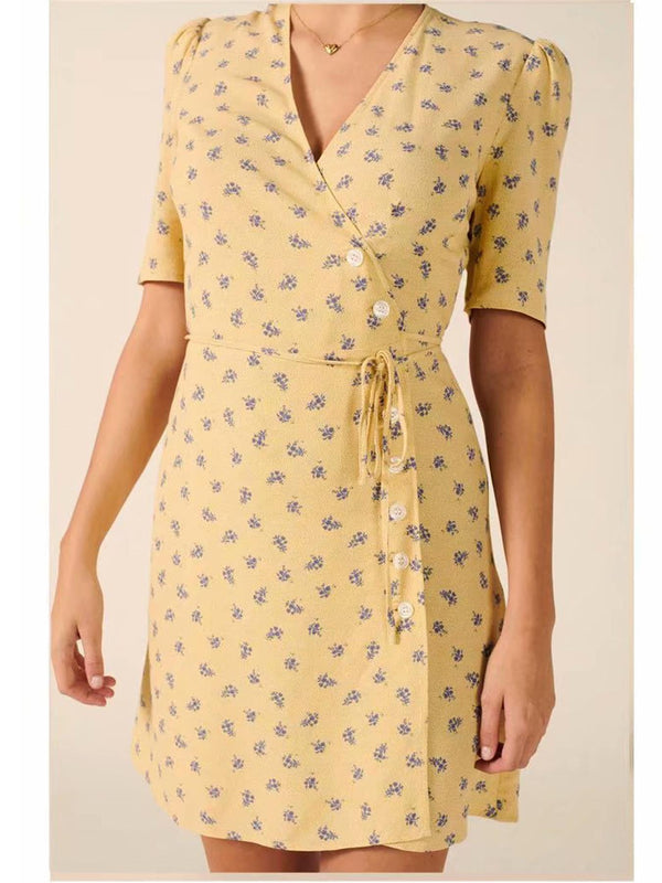 Puff Sleeve Mini Tea Dress In Yellow & lavender Print