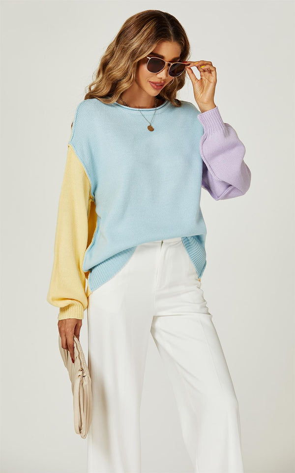 Relaxed Yellow & Purple Block Colour Jumper Top In Blue