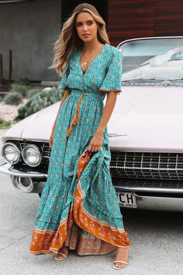 Maxikleid im Bohemian-Stil mit grünem Print